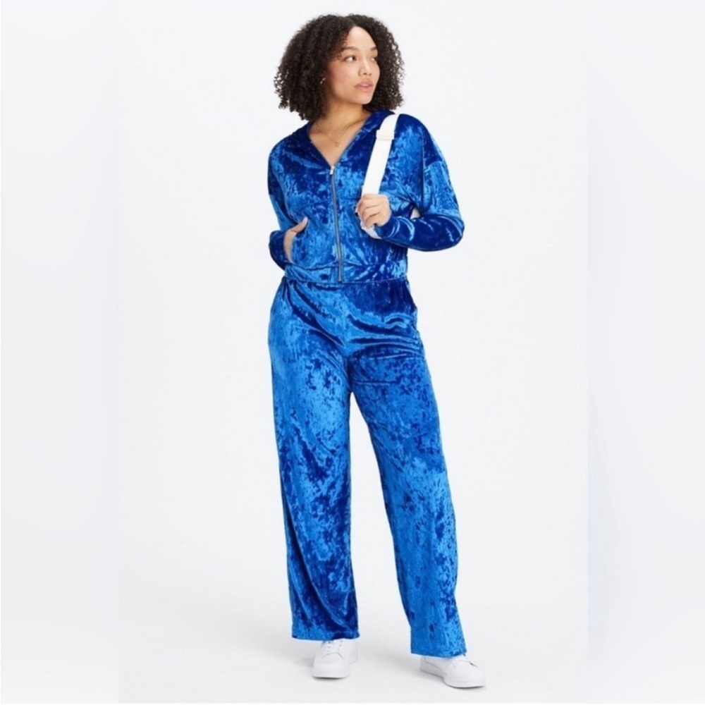NWT SET Fabletics Celeste Royal Blue Crushed Velvet Jacket & Wide Leg Tracksuit